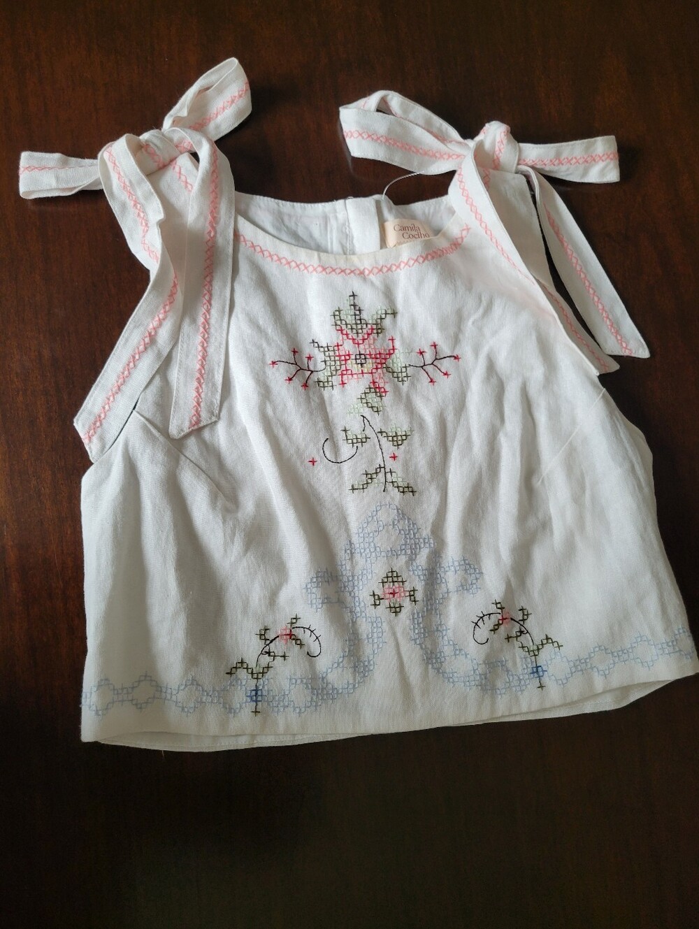 Camila Coelho Lotta Embroidered Tie-Strap Crop Top Cream Small